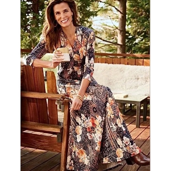 Soft Surroundings Adamaris Dress Womens XL Floral Mandala Midi V-Neck Boho Artsy - Picture 2 of 11